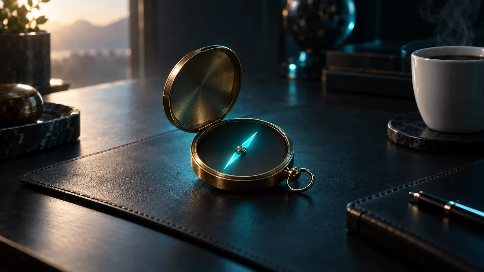 A brass compass with a glowing cyan needle on a leather desk mat beside a coffee cup.