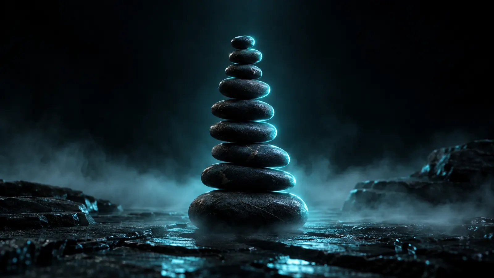 Ten smooth stones balanced in a cairn on black slate, rimmed in cyan light.