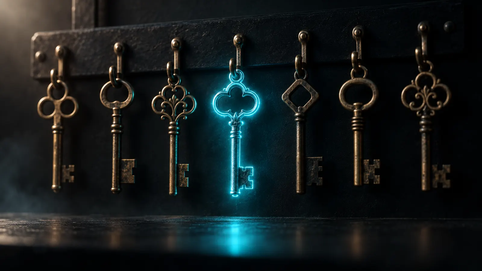 A row of brass keys on hooks, one key glowing cyan.