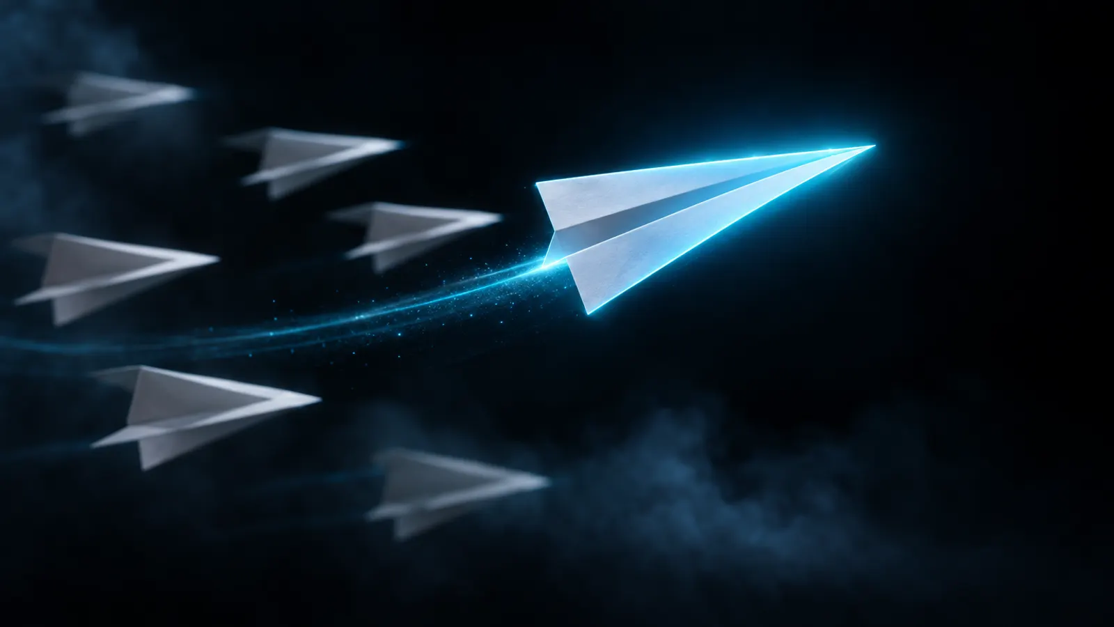 Folded paper planes in flight against black, the leading one glowing cyan.