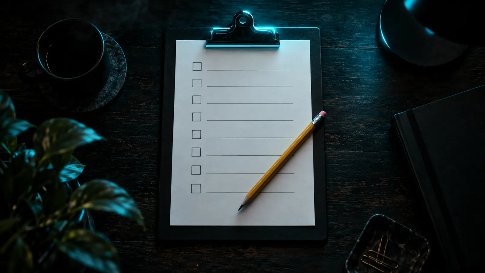 A clipboard holding a blank form of empty tick boxes, with a pencil, seen from above.