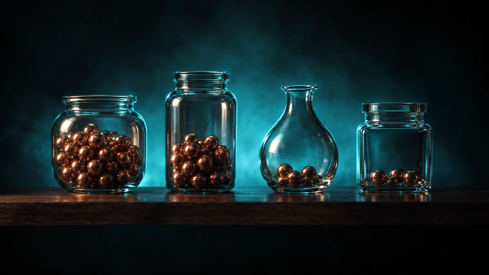 Four glass jars in a row on a dark wooden shelf, each holding a different amount of copper marbles, lit by a soft cyan glow.