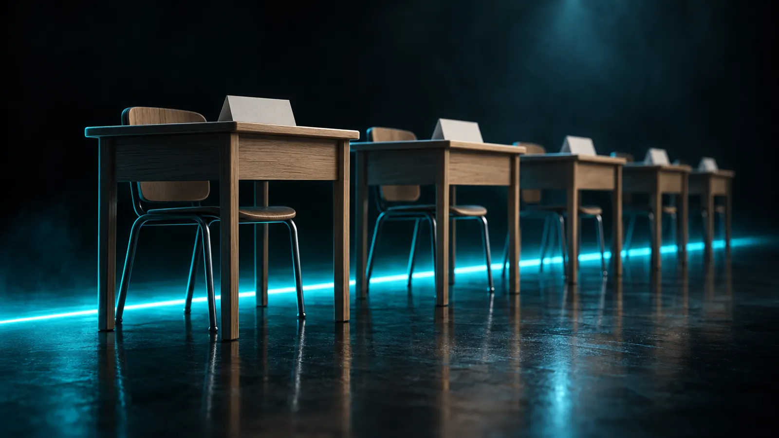A row of small oak student desks with blank place cards, a line of cyan light along the floor.