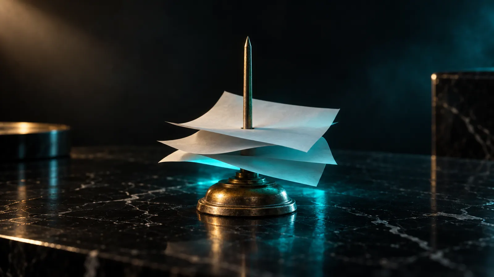A brass receipt spike holding blank paper slips, glowing cyan on black marble.