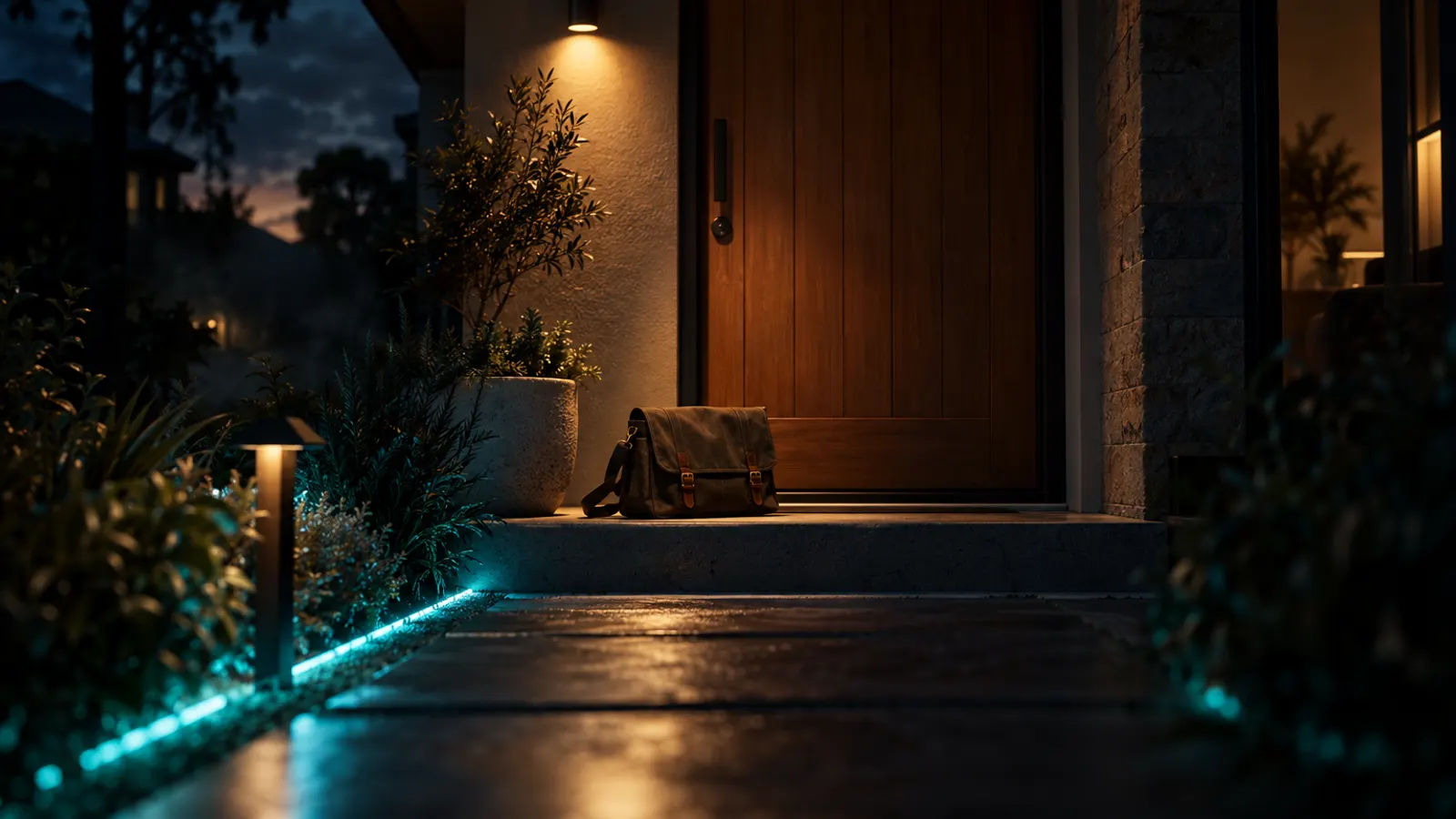 A satchel waiting on the front step of a house at dusk, a porch light on and a cyan glow along the path.