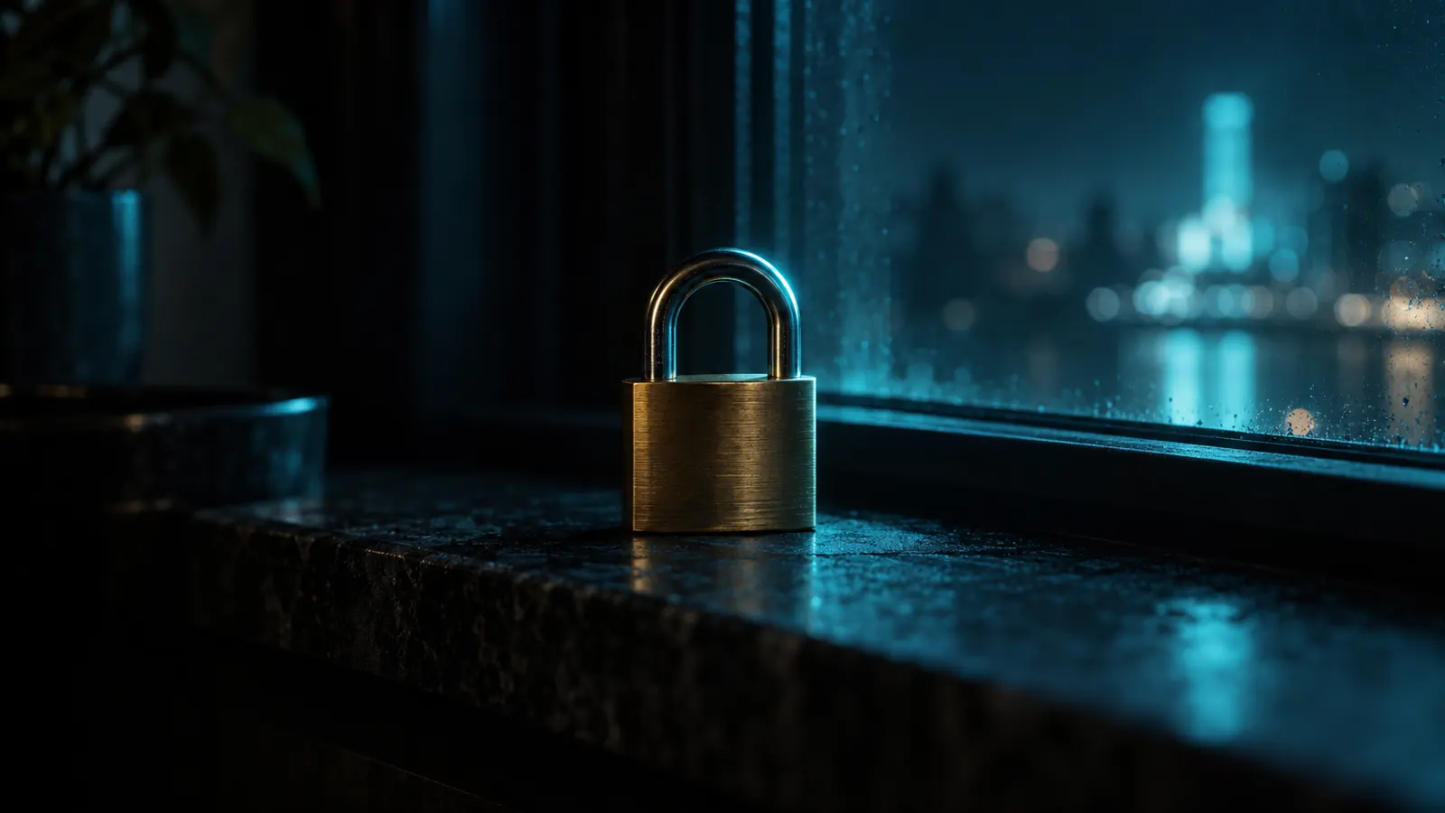 A closed brass padlock on a dark windowsill at night, lit by a soft cyan glow.