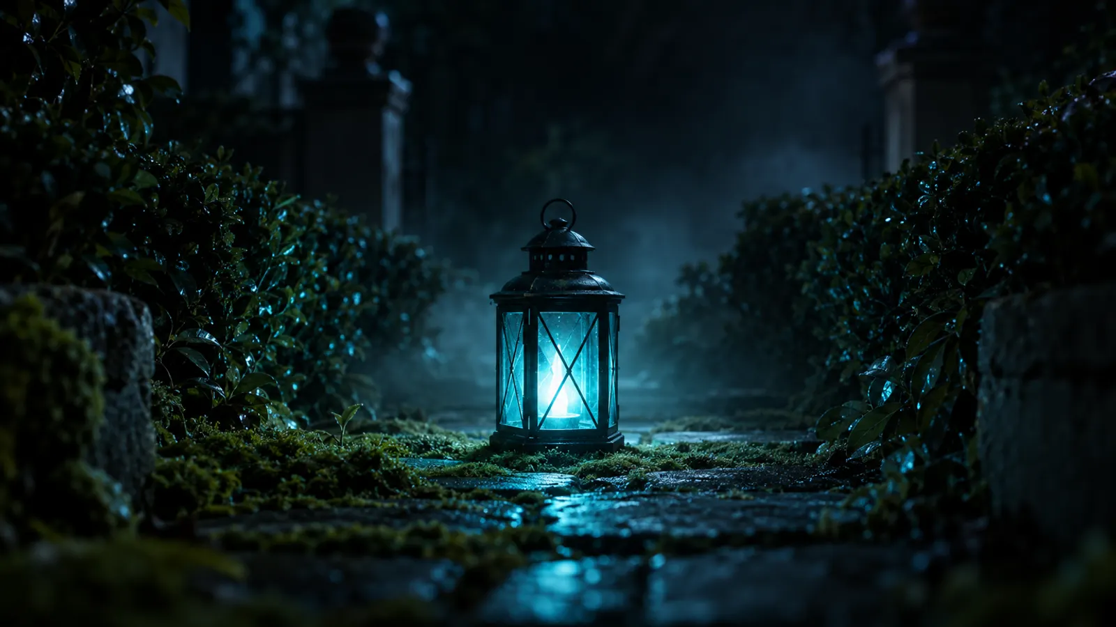 A glass lantern glowing cyan on a garden path at night, between low hedges.