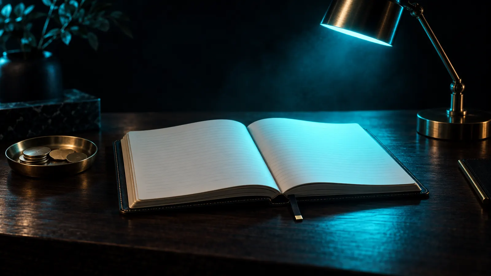 An open ledger with blank ruled pages beside a dish of plain discs, lit by a cyan desk lamp.