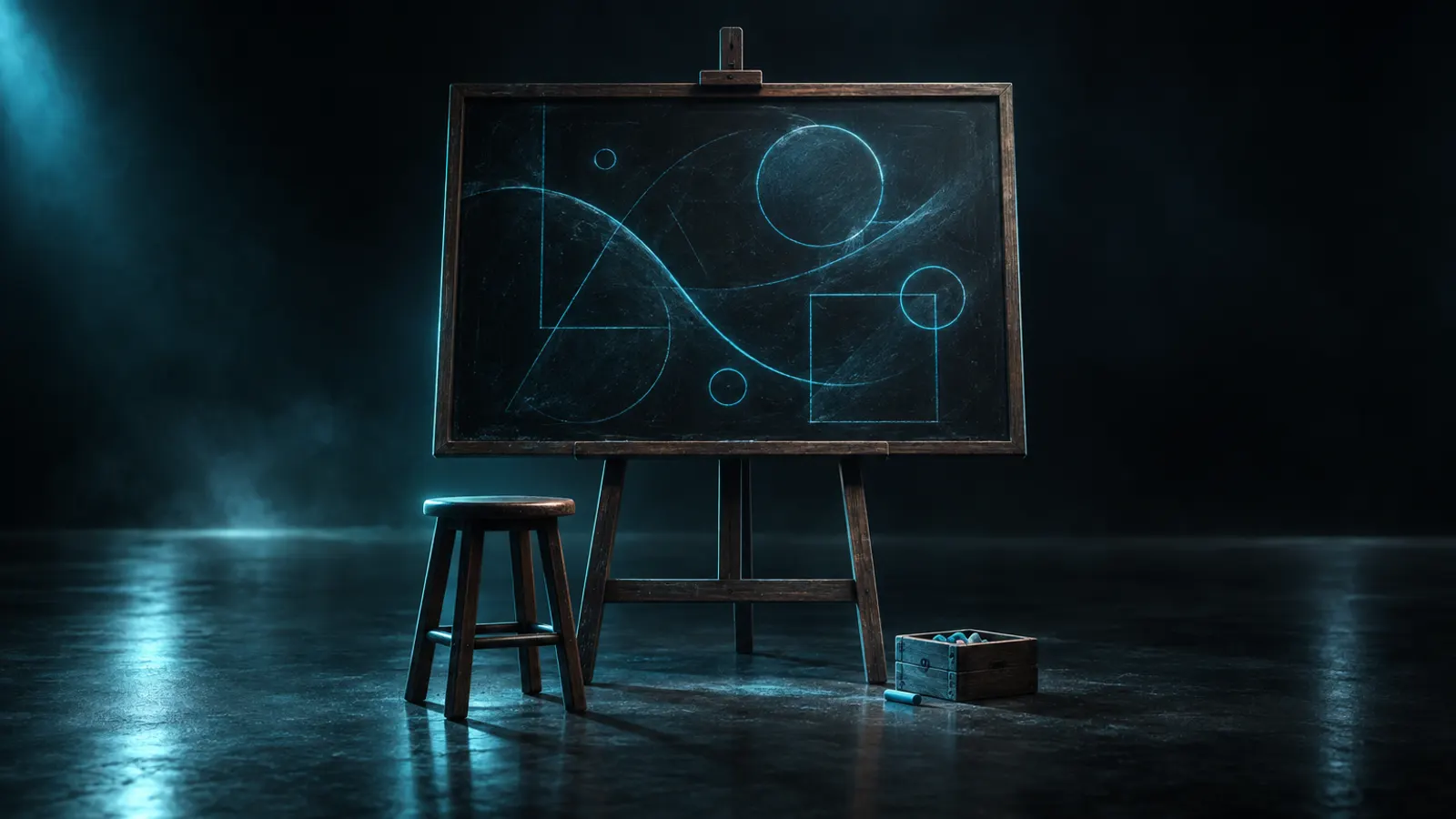 A chalkboard on an easel covered in glowing cyan shapes, with a stool and a box of chalk.