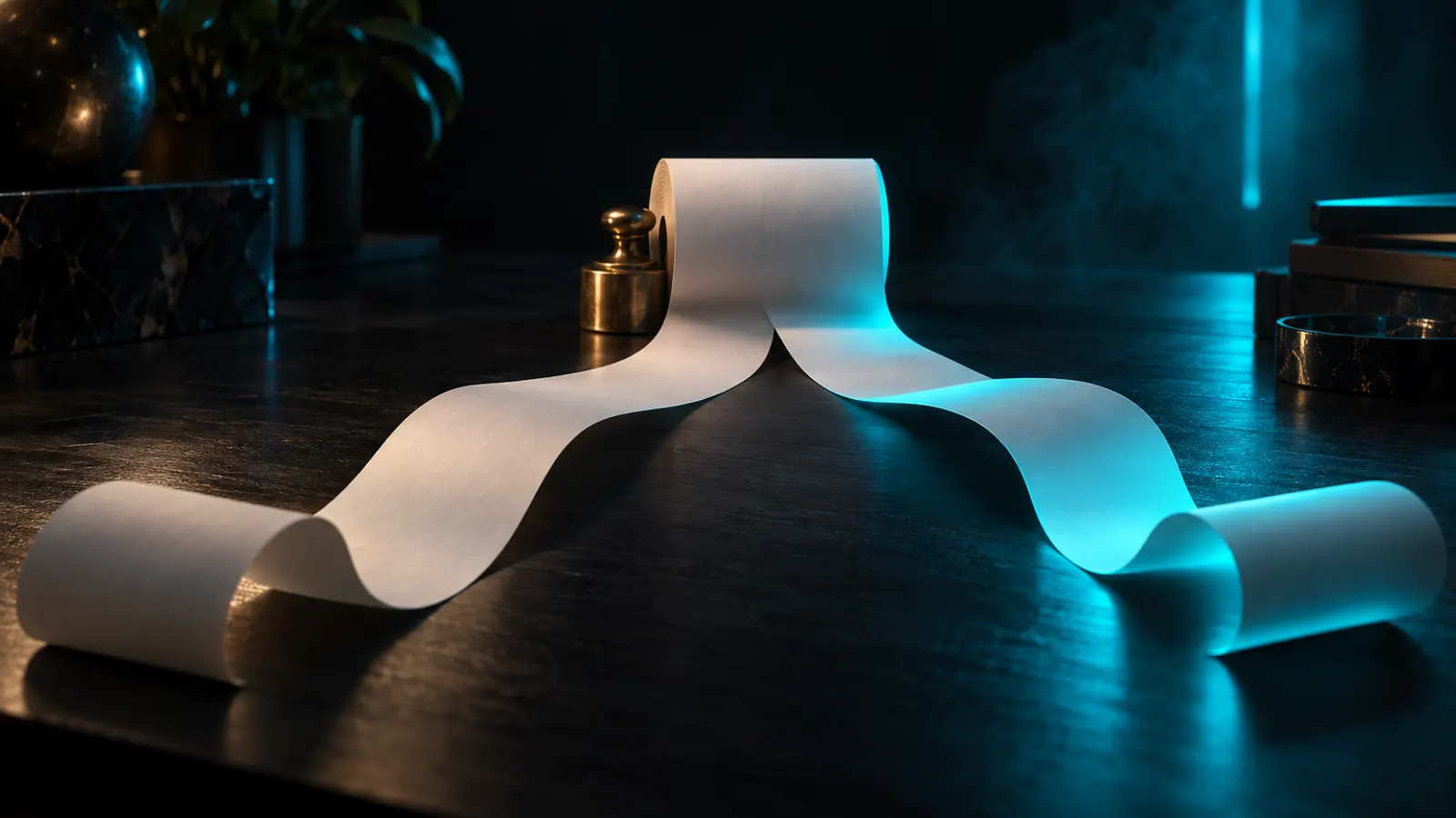 A ribbon of blank paper unrolling across a desk and splitting into two paths, one lit cyan.