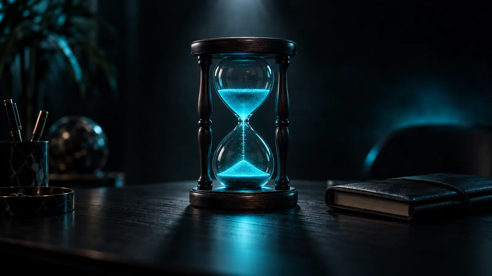 An hourglass with glowing cyan sand beside a closed diary on a dark desk.