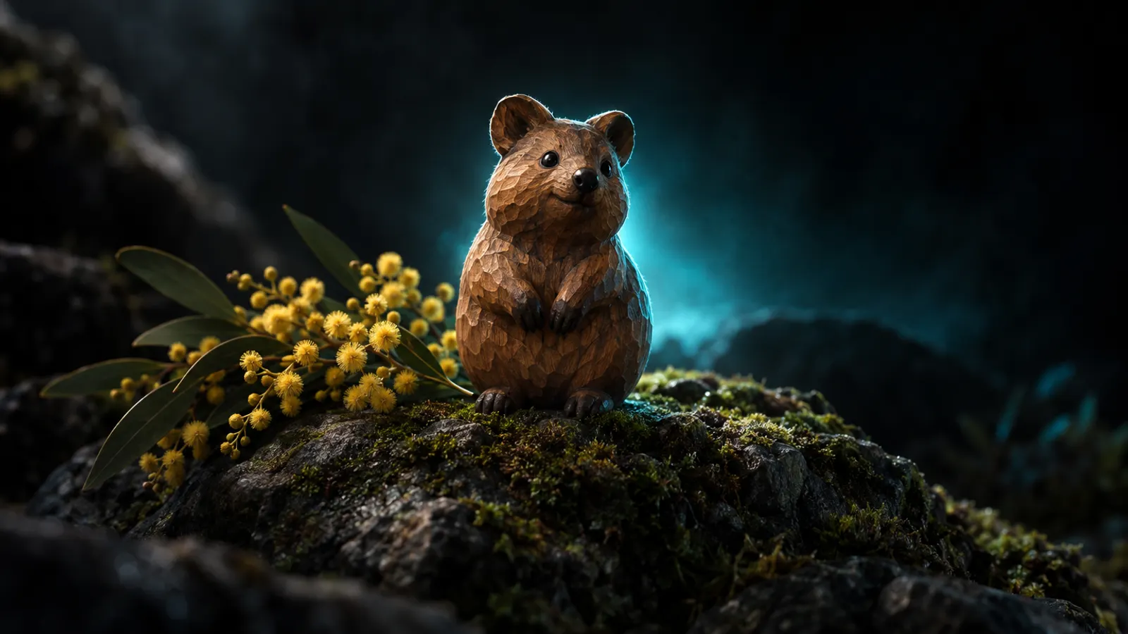 A carved wooden quokka on a mossy stone beside golden wattle, a soft cyan glow behind it.