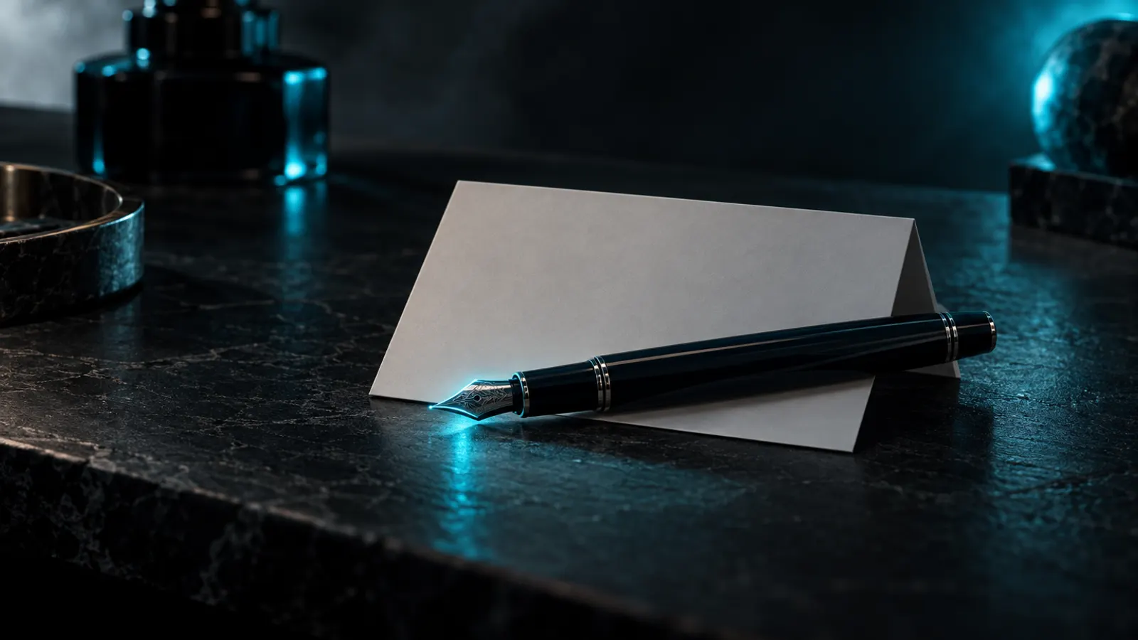 A fountain pen lying on a folded note on a dark desk, its nib lit by a soft cyan glow.