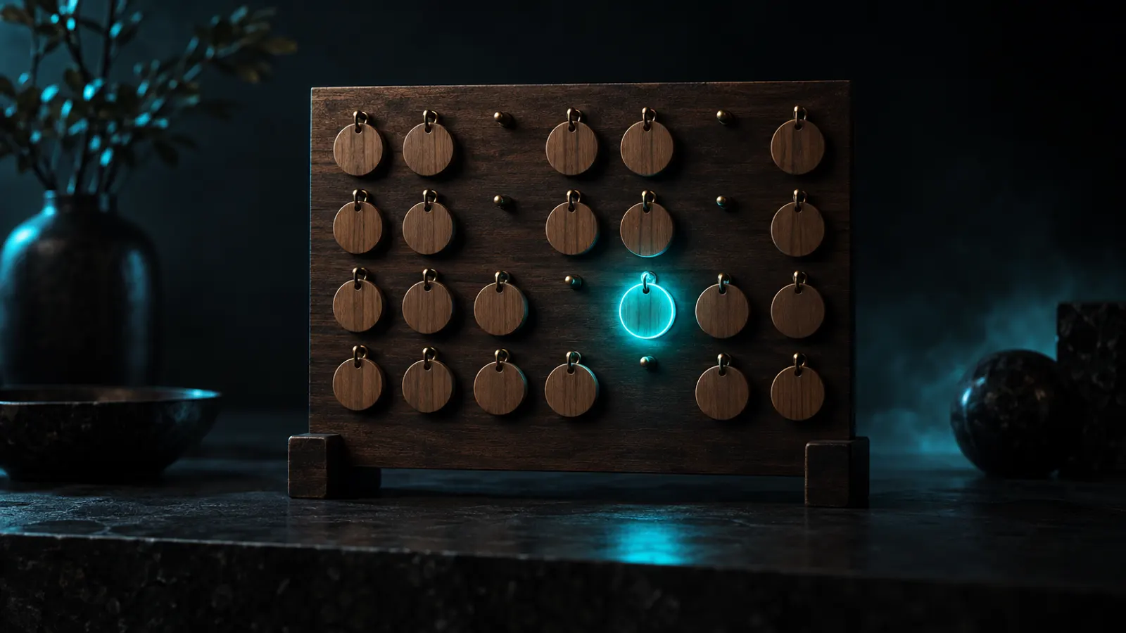A pegboard of blank wooden tokens with a few taken, one token glowing cyan.