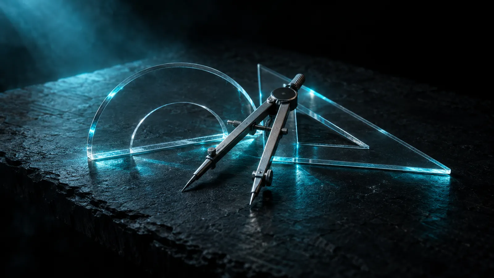 A clear protractor, set square and drawing compass on dark slate, cyan light refracting through them.