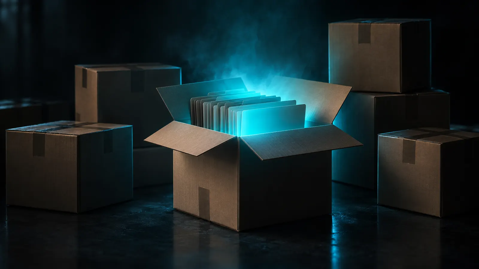 Plain moving boxes stacked in a dark room, one open with cyan light rising from the folders inside.
