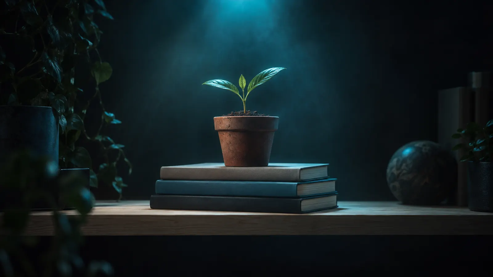 A seedling in a small pot growing from a stack of closed exercise books, lit by a soft cyan glow.