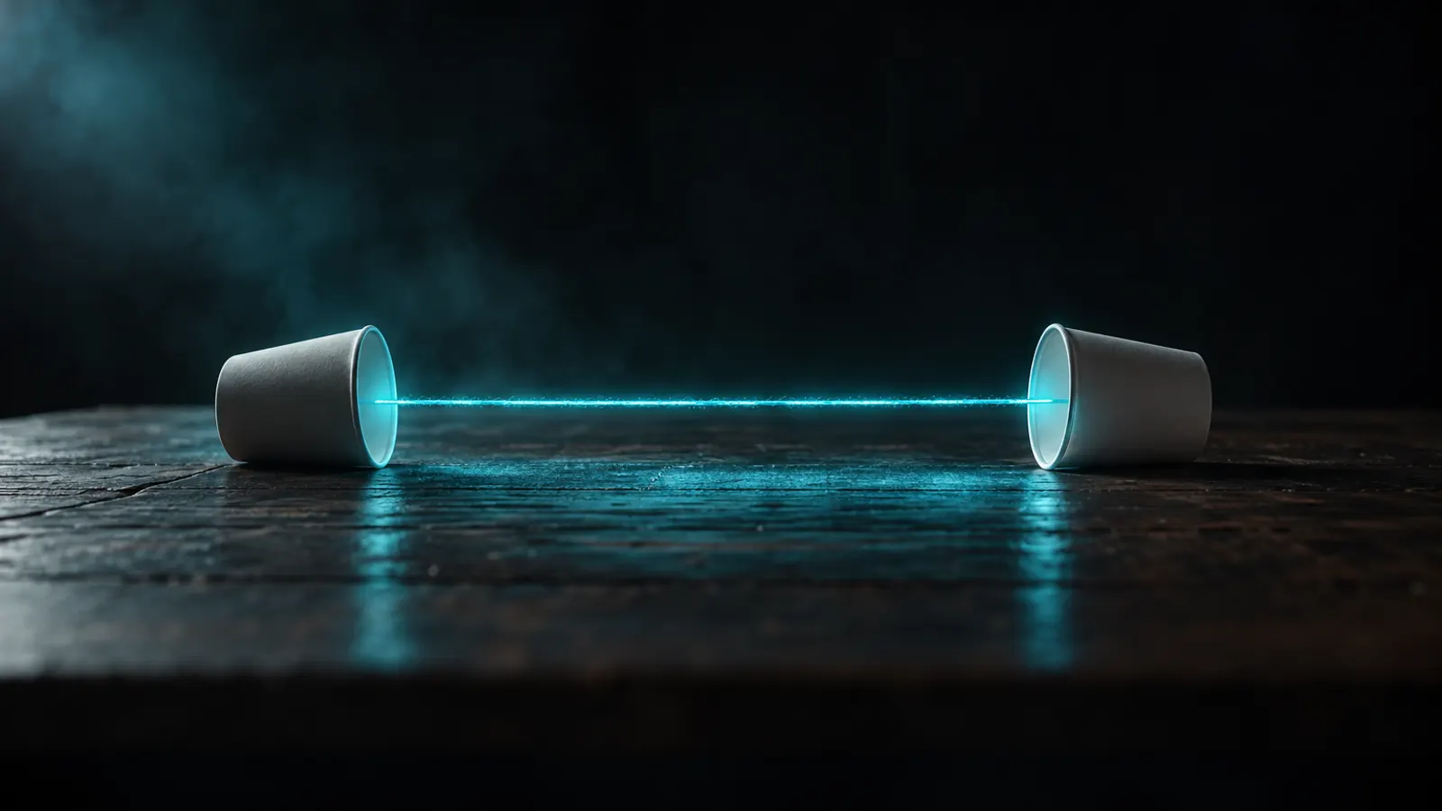 Two paper cups joined by a glowing cyan string on a dark table.