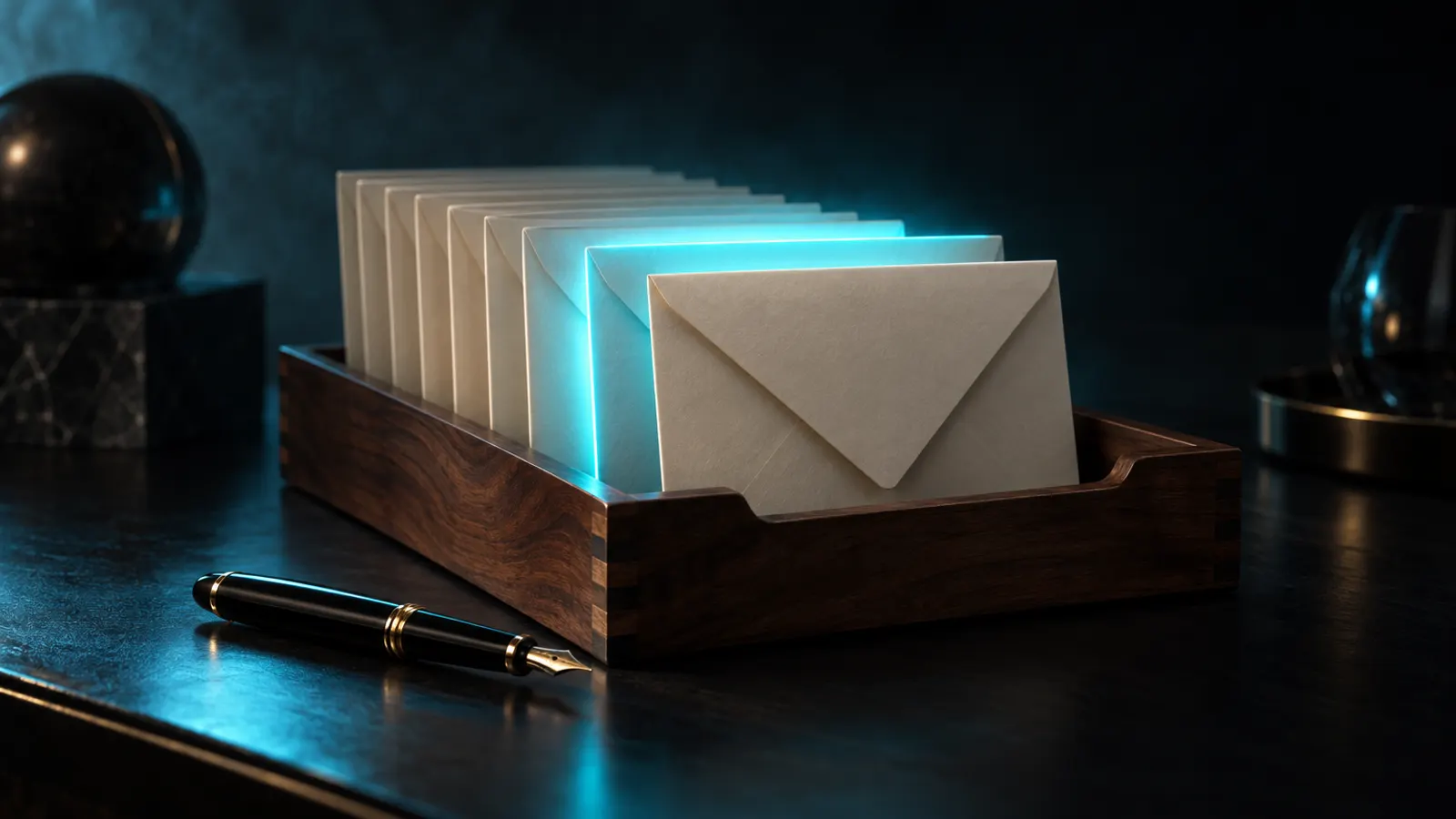 A row of plain envelopes in a wooden tray, one lit from behind in cyan, with a fountain pen.