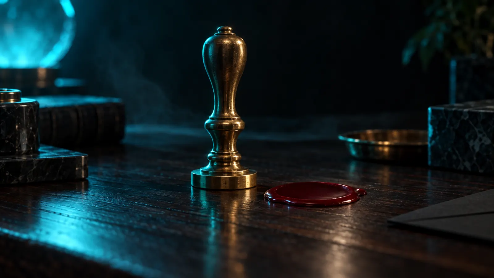 A brass wax seal stamp beside a pool of red sealing wax on a dark wooden desk.
