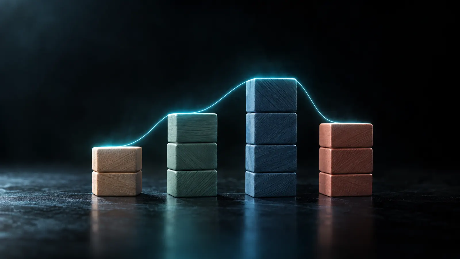 Four stacks of coloured wooden blocks in a row, a thin cyan line of light across their tops.