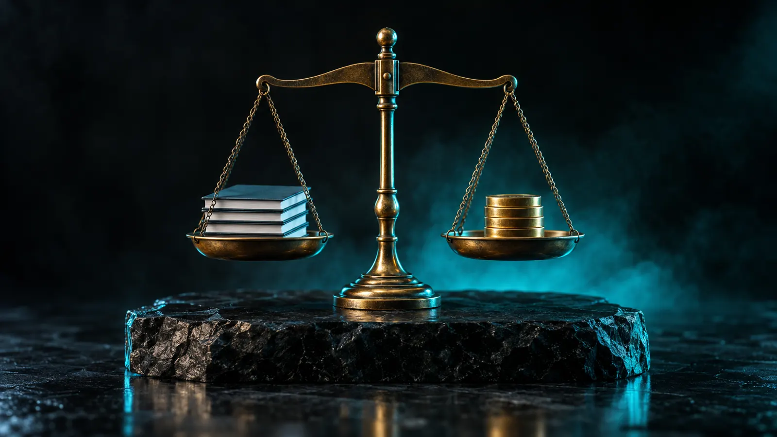 Brass balance scales weighing exercise books against plain gold discs, in cyan rim light.