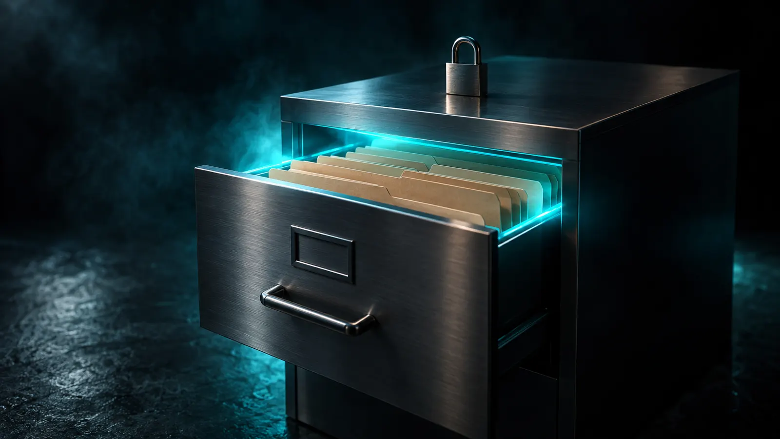 A filing drawer slightly open with cyan light inside and a closed padlock resting on top.