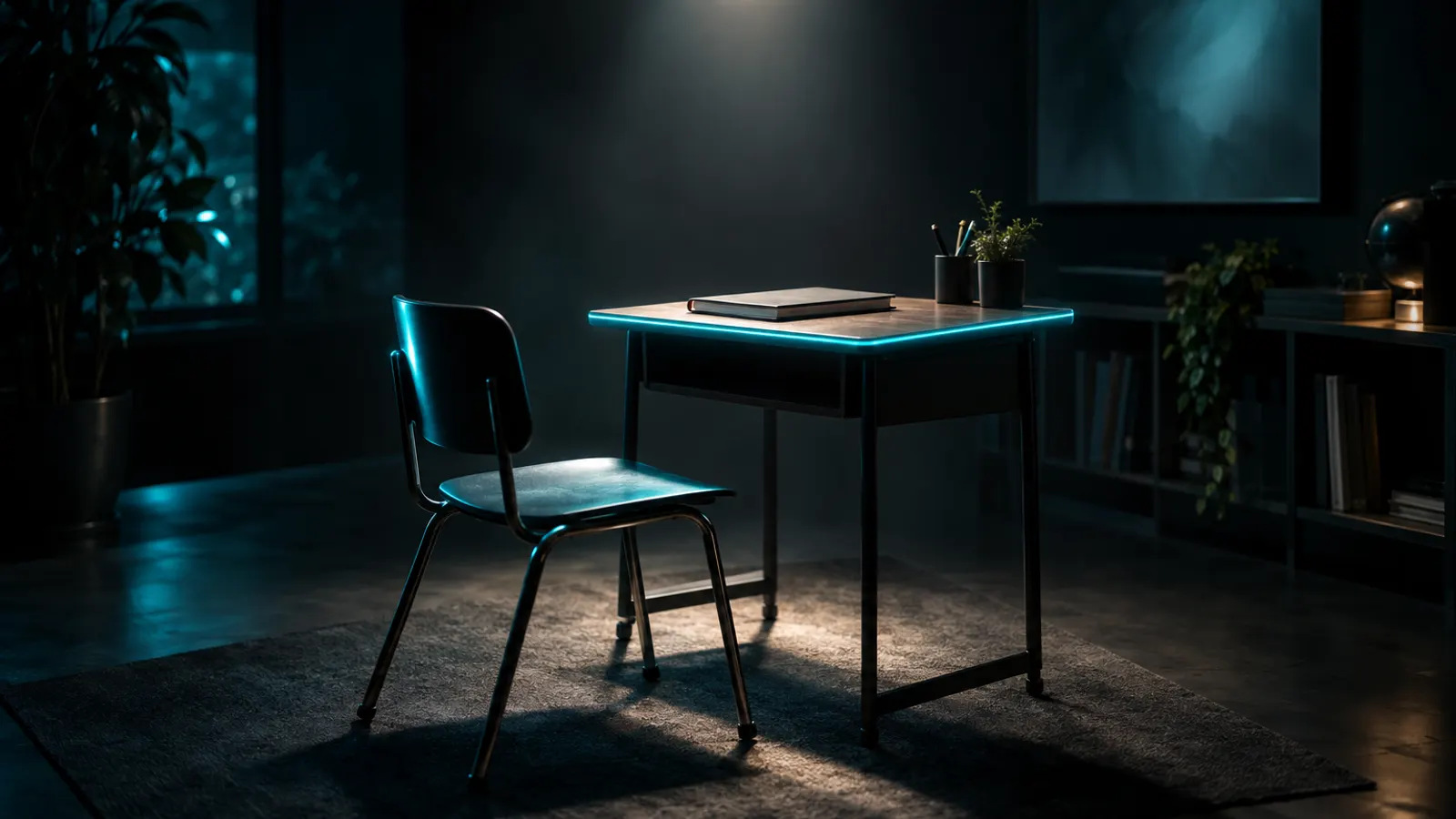 An empty chair at a small desk under a spotlight, a closed workbook waiting.