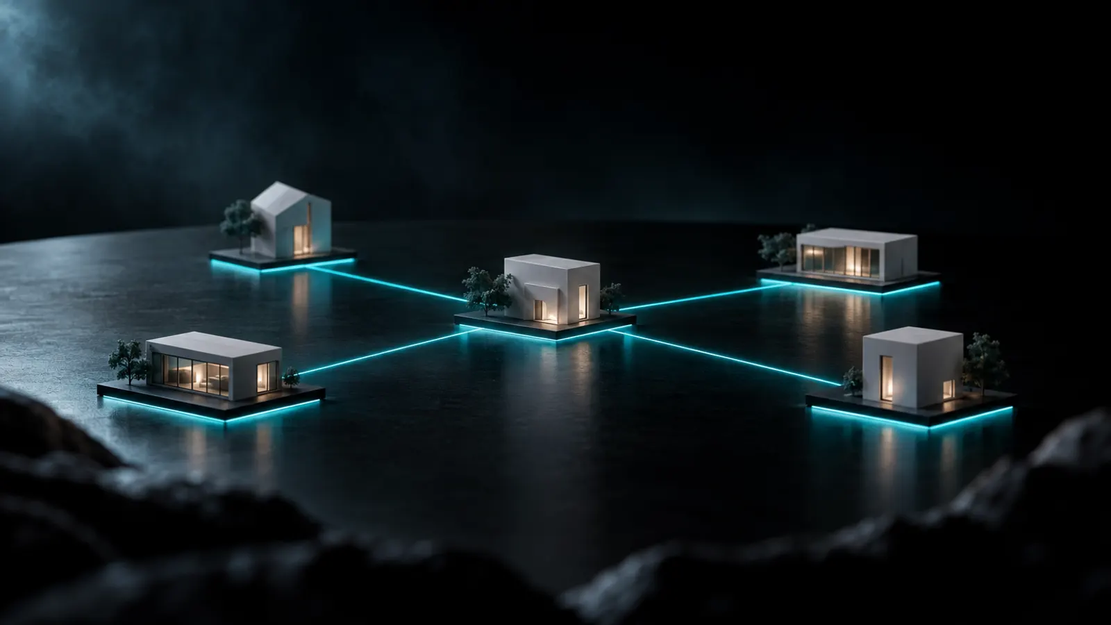 A model of five small white buildings joined by glowing cyan lines on a black table.