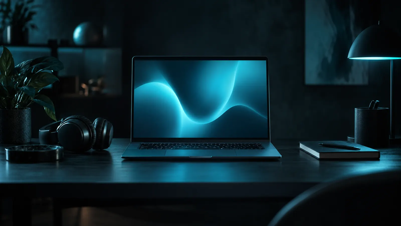An open laptop glowing with soft cyan shapes, headphones and a notepad beside it in a dark room.