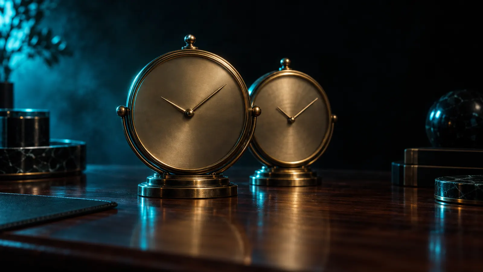 Two brass desk clocks side by side on a dark wooden desk in soft cyan light.