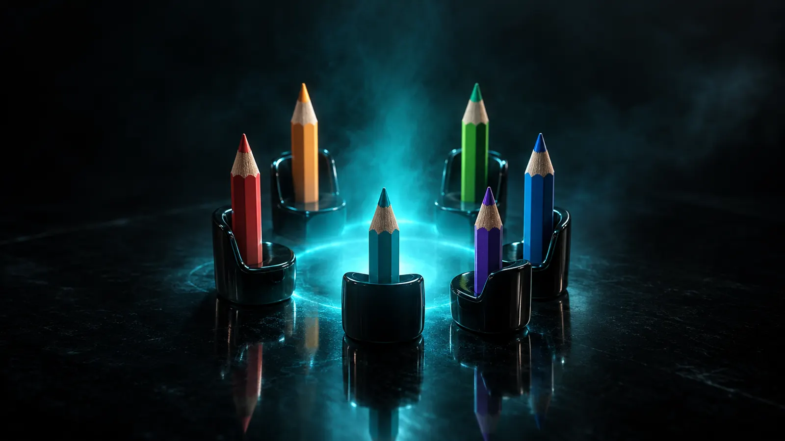 Six coloured pencils standing in a circle on black glass, a cyan glow in the centre.