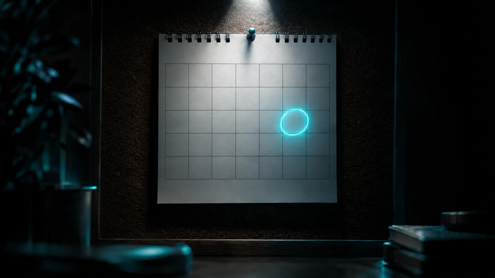 A blank calendar page pinned to a cork board in the dark, with one day circled in cyan.