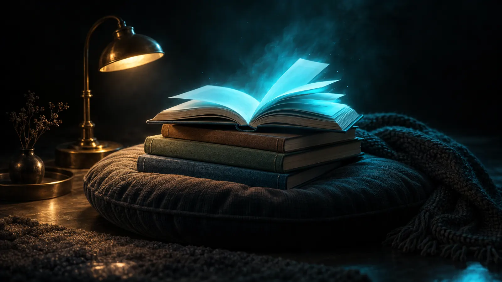 Picture books fanned open on a reading cushion, the top book glowing cyan beside a brass lamp.