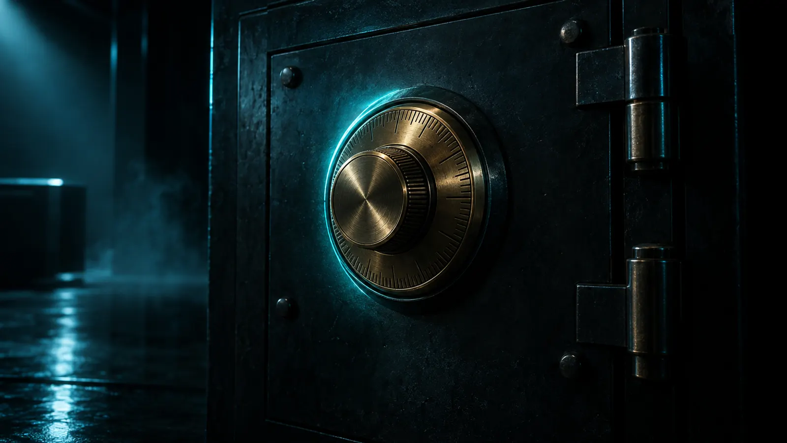 A brass combination dial on a dark steel safe door, its edge lit by a thin cyan line.
