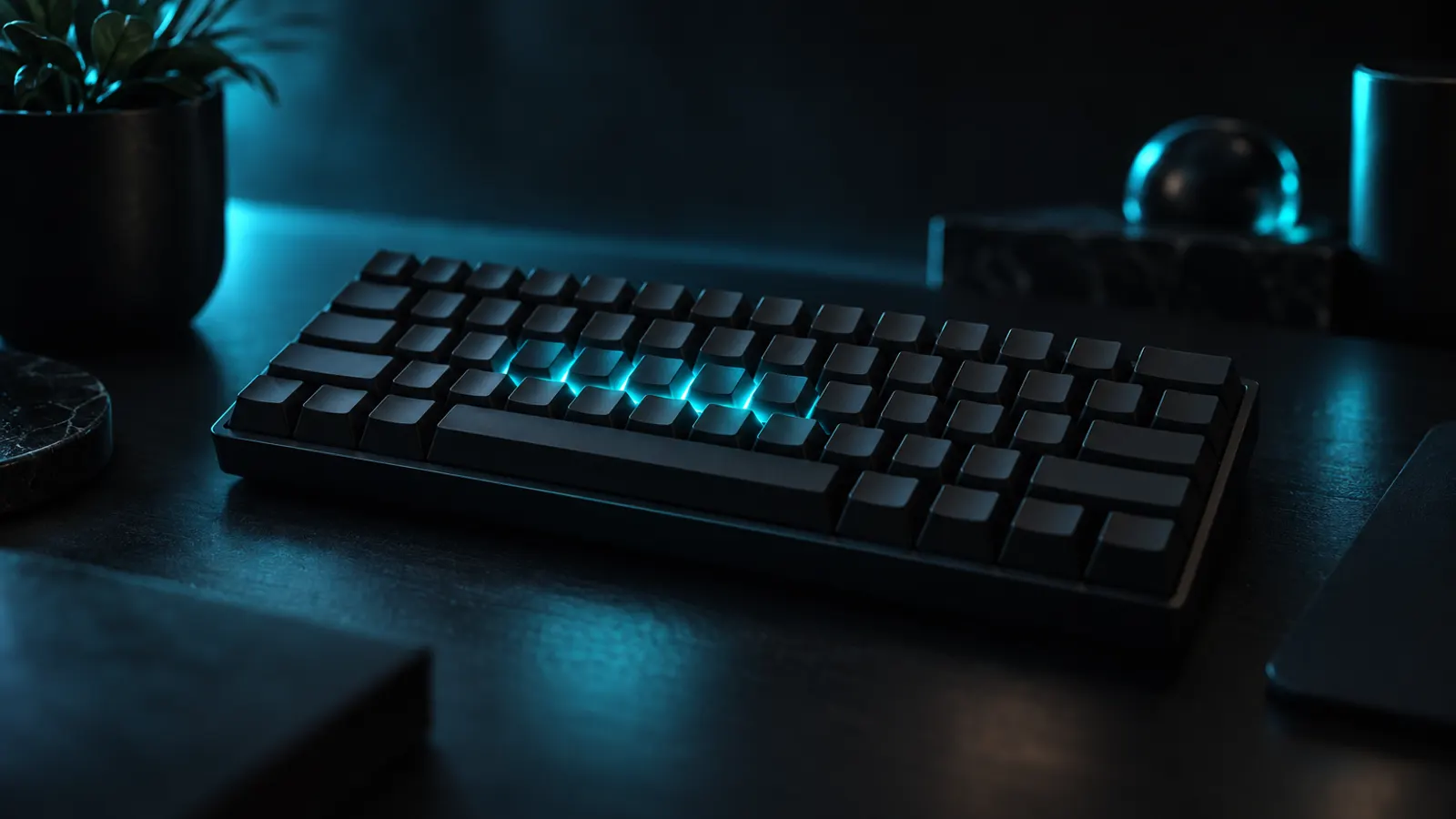 A keyboard with blank keys on a dark desk, a few home row keys glowing cyan from beneath.