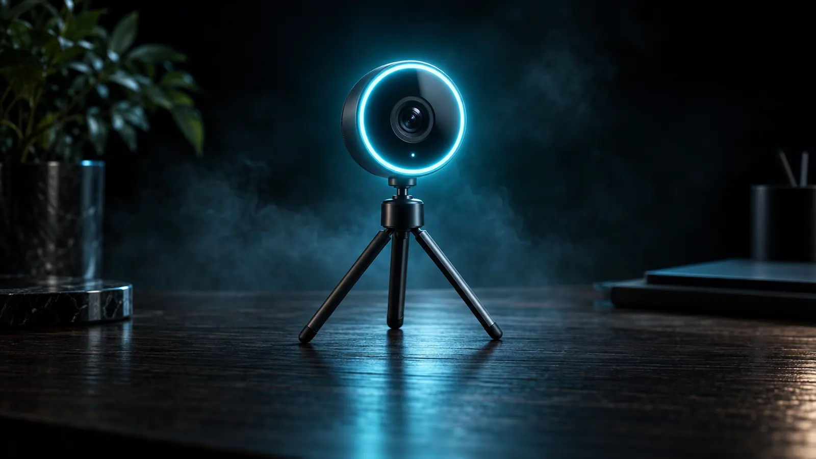A small webcam on a tripod inside a glowing cyan ring light on a dark desk.