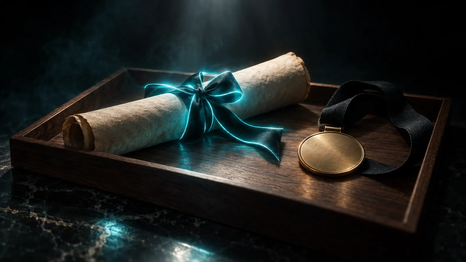 A rolled scroll tied with a glowing cyan ribbon beside a brass medal in a walnut tray.