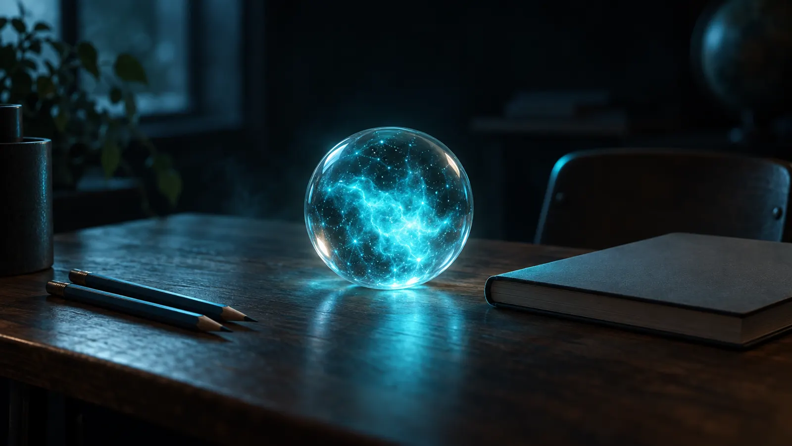 A glass sphere of cyan light on a student desk beside pencils and a closed exercise book.