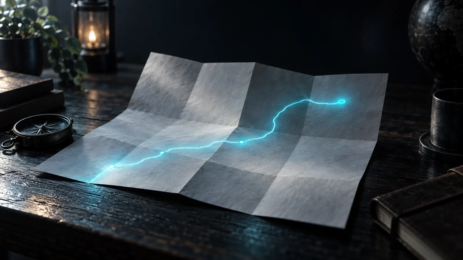 A folded paper map partly open on a dark desk, a single cyan route line glowing across it.