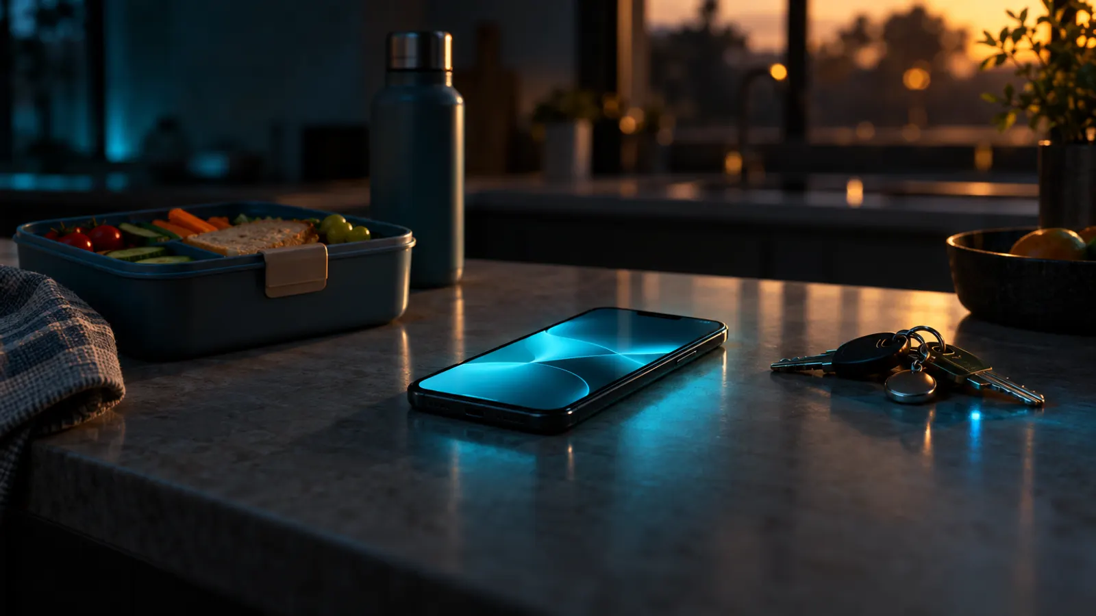 A phone on a kitchen bench beside a lunchbox and house keys, its screen showing soft cyan shapes.