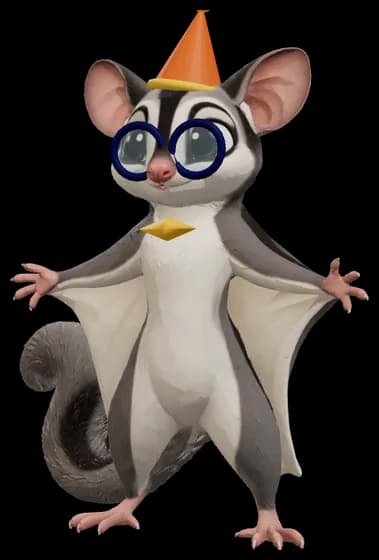A grown sugar glider in an outfit from the Market