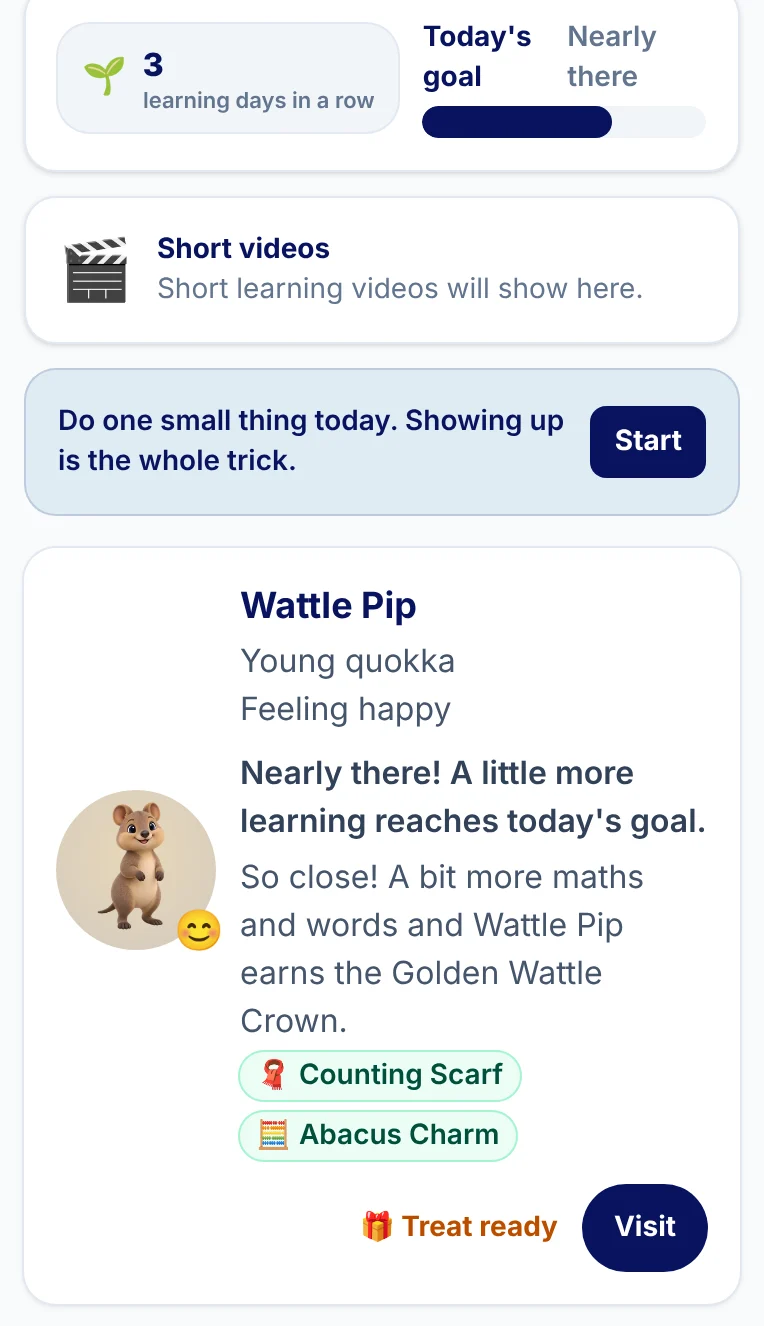A child's home: learning days in a row, today's goal and their Bushmate.