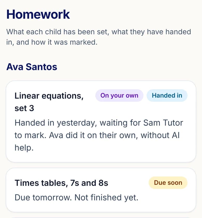 A parent's homework list: one piece handed in and waiting to be marked, done on their own, and one due tomorrow.