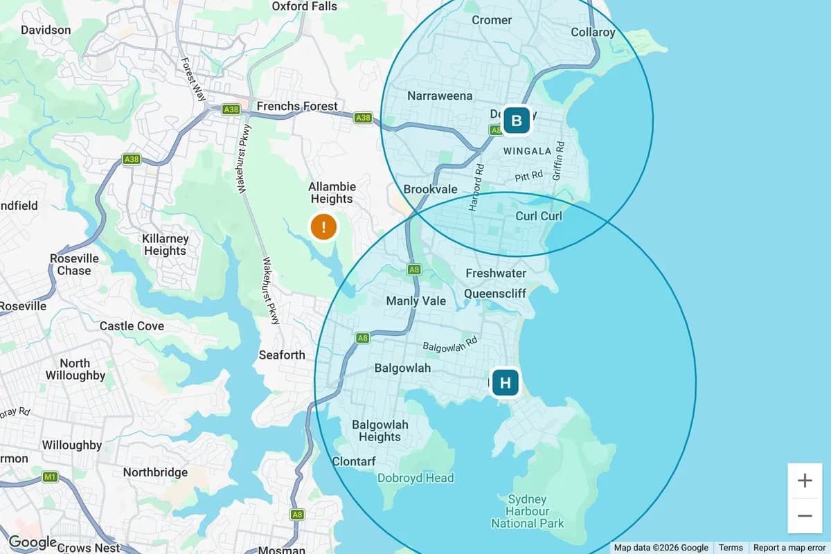 A map of the Northern Beaches: a 3.5 km circle round the Harbour campus in Manly, a 2.5 km circle round the Beach campus in Dee Why, and one address flagged outside them in Allambie Heights.