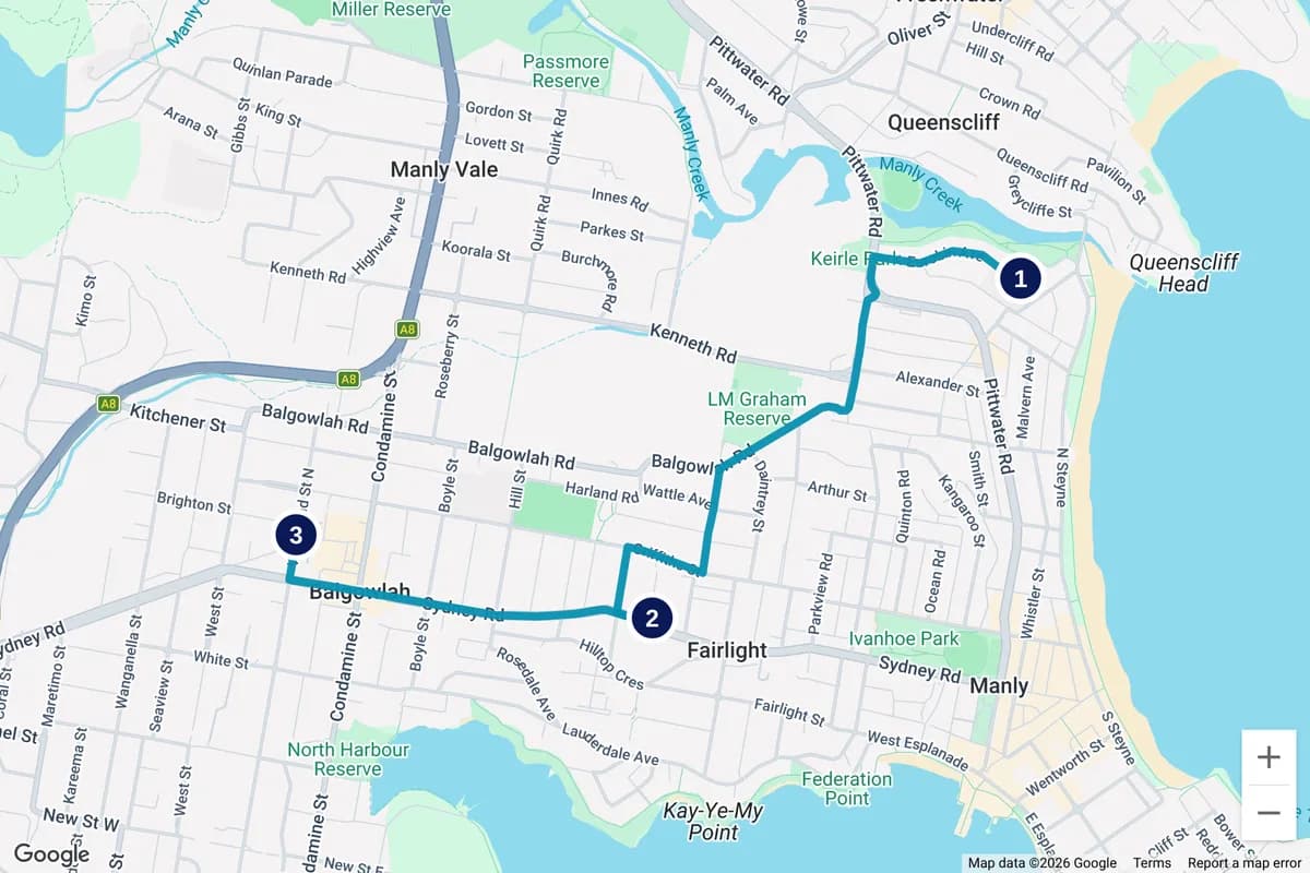A street map around Manly: three numbered stops in Queenscliff, Fairlight and Balgowlah, joined along the roads, 5 then 4 minutes apart.