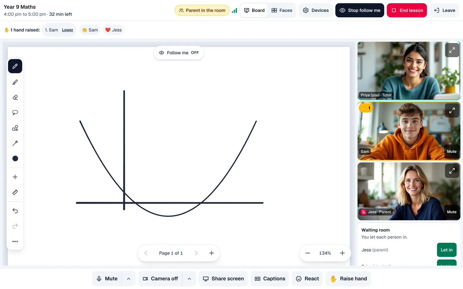 An online lesson in XLesson: the shared board fills the screen, the tutor, student and parent on video down the side, and 32 minutes left in the top bar.