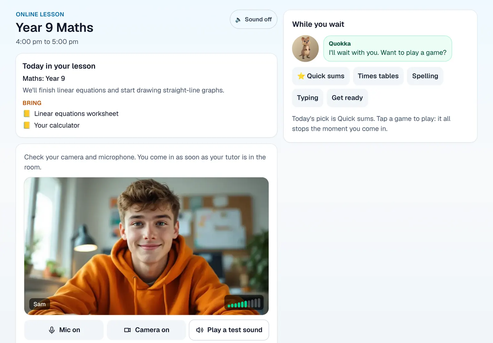 An online lesson's waiting room: what today's lesson covers, a camera and microphone check, and a short game while the student waits.