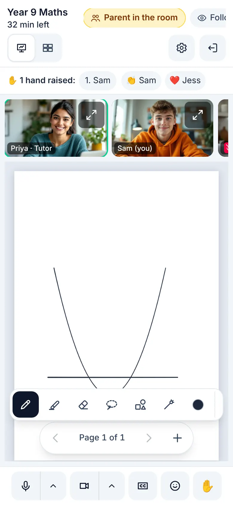 An online lesson on a phone with the board, the faces and the controls.