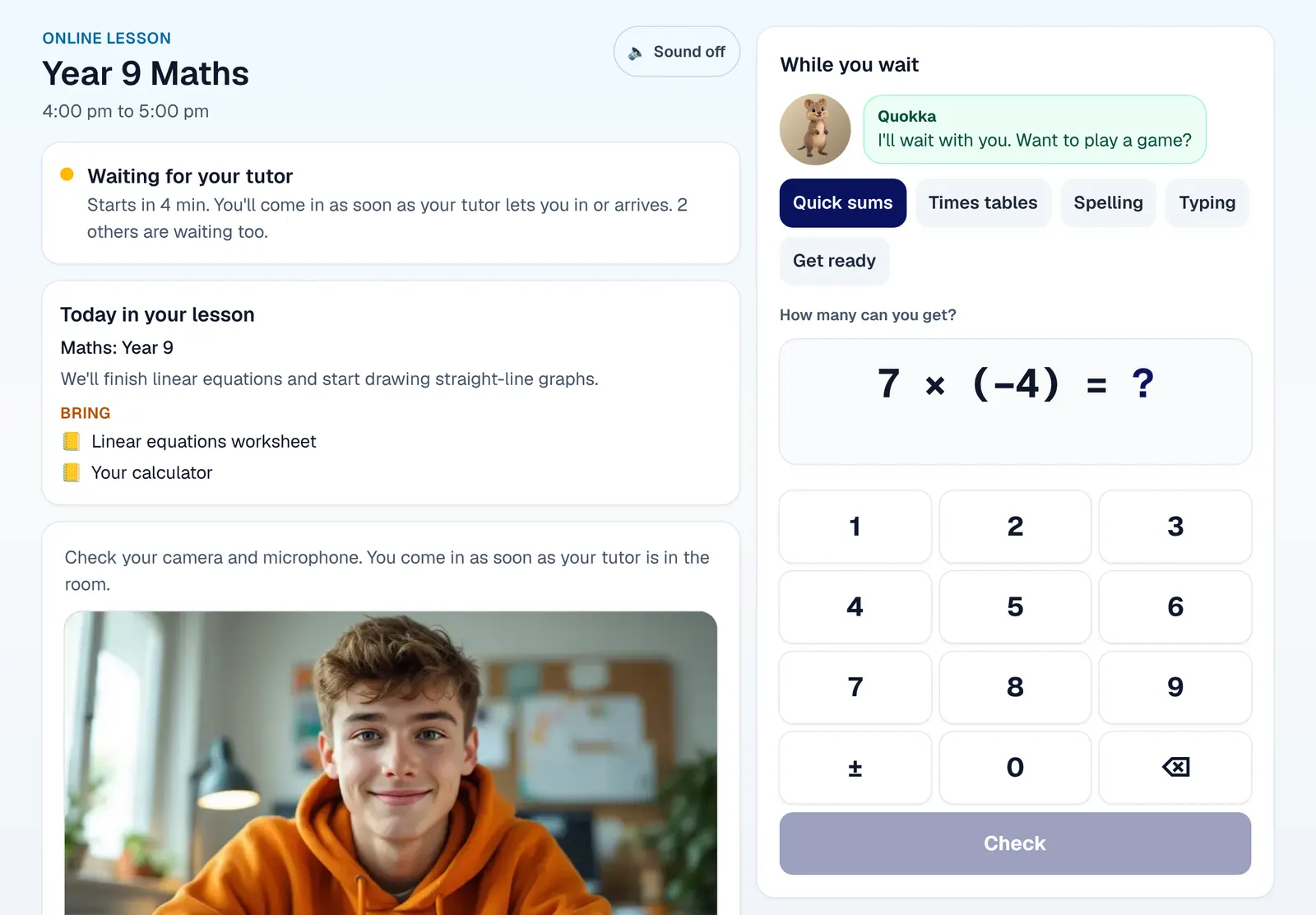 The waiting room on an iPad: Waiting for your tutor, starts in 4 minutes, the student's own camera with four green ticks, and Quick sums beside it.